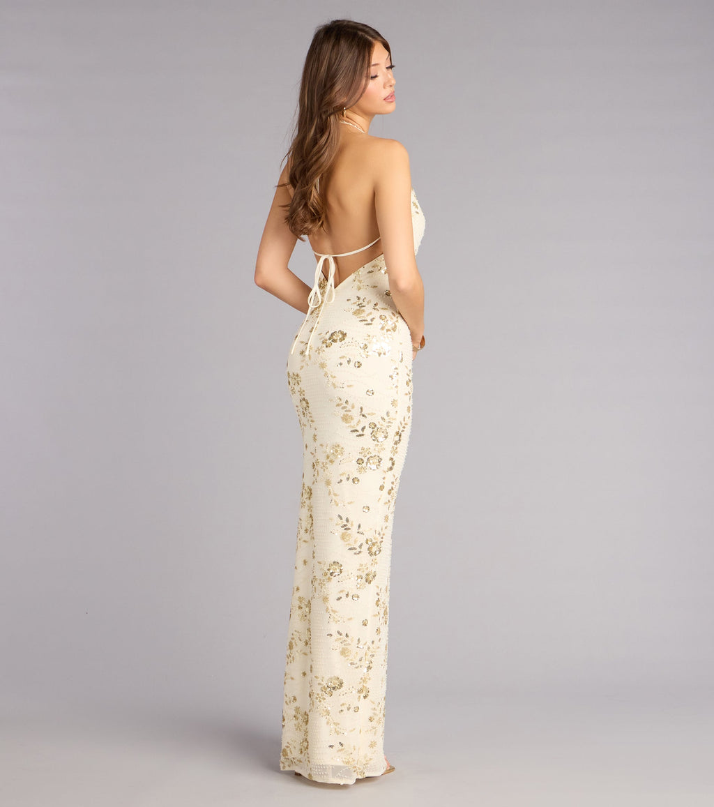 Maren Floral Sequin Mesh Halter Formal Dress