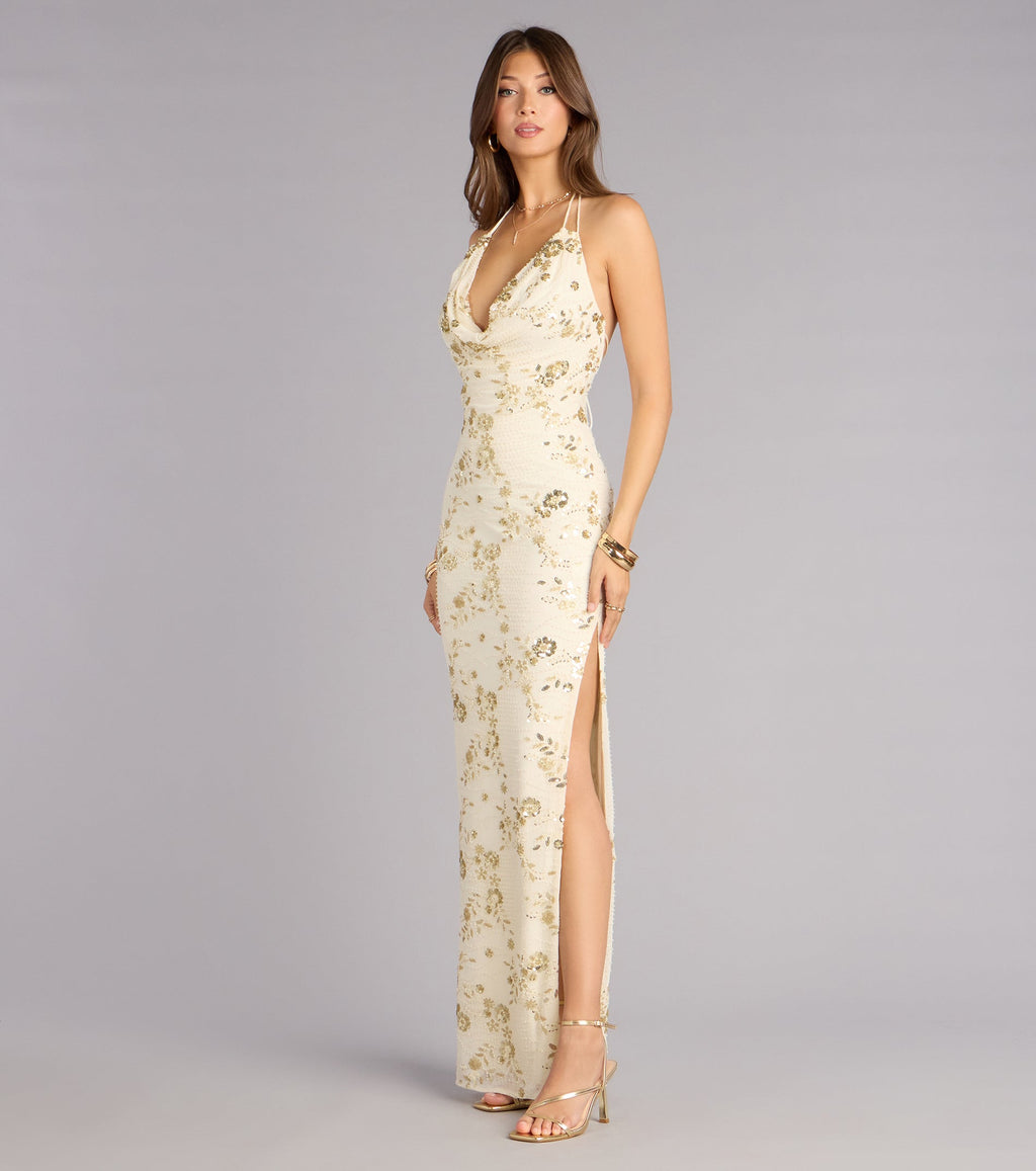 Maren Floral Sequin Mesh Halter Formal Dress