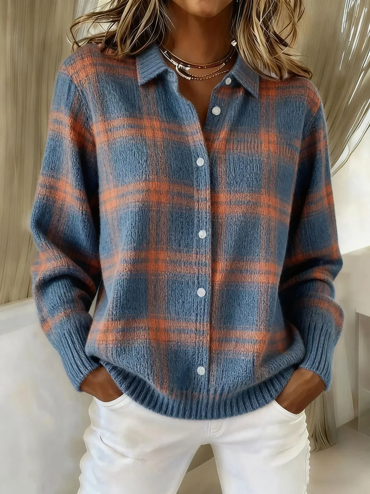 SILVIA Suéter Retro de Cuadros con Contraste Casual