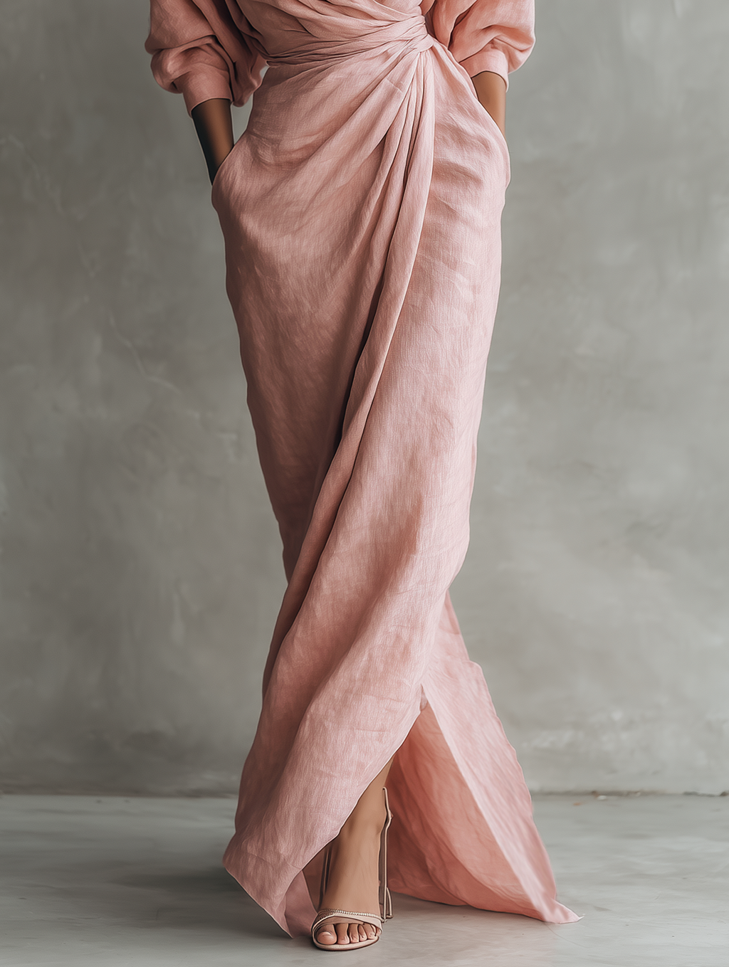 Vestido Lucia Minimalista rosa con escote en V de lino