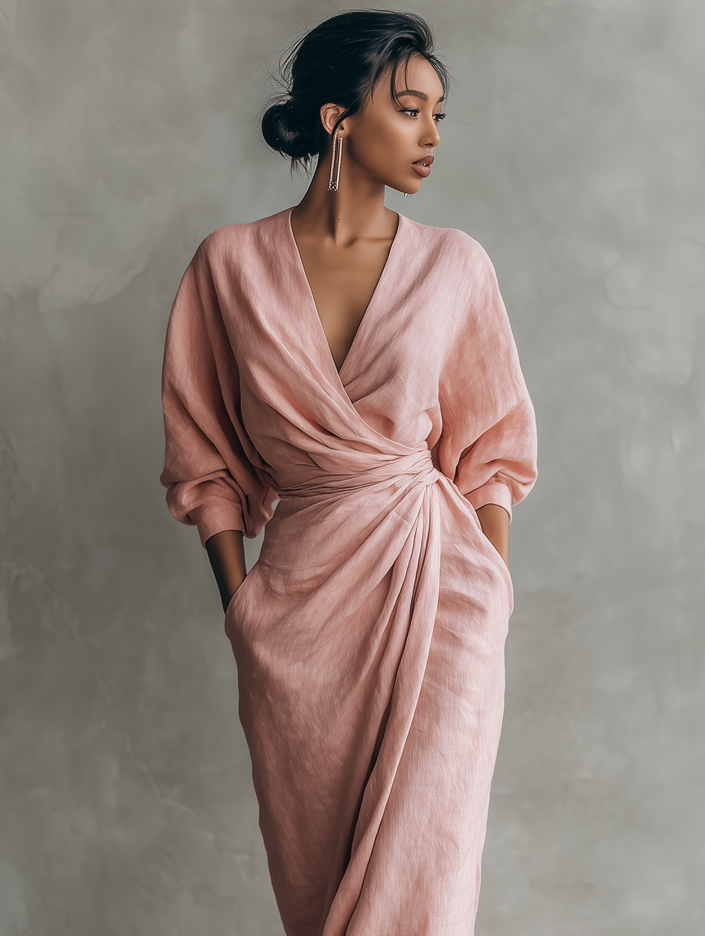 Vestido Lucia Minimalista rosa con escote en V de lino