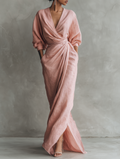 Vestido Lucia Minimalista rosa con escote en V de lino