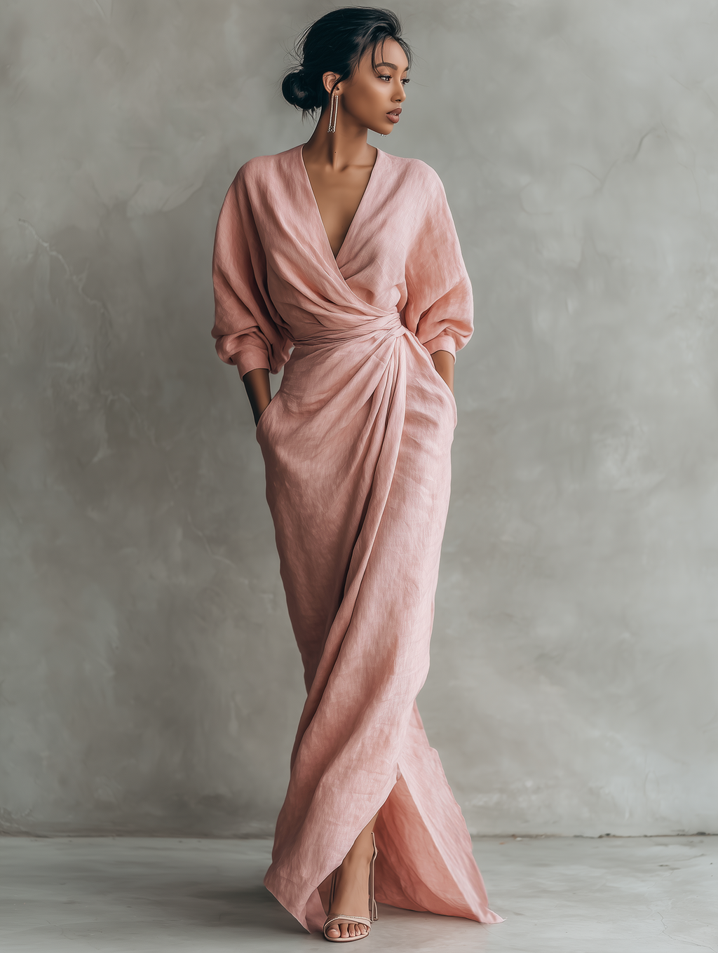 Vestido Lucia Minimalista rosa con escote en V de lino