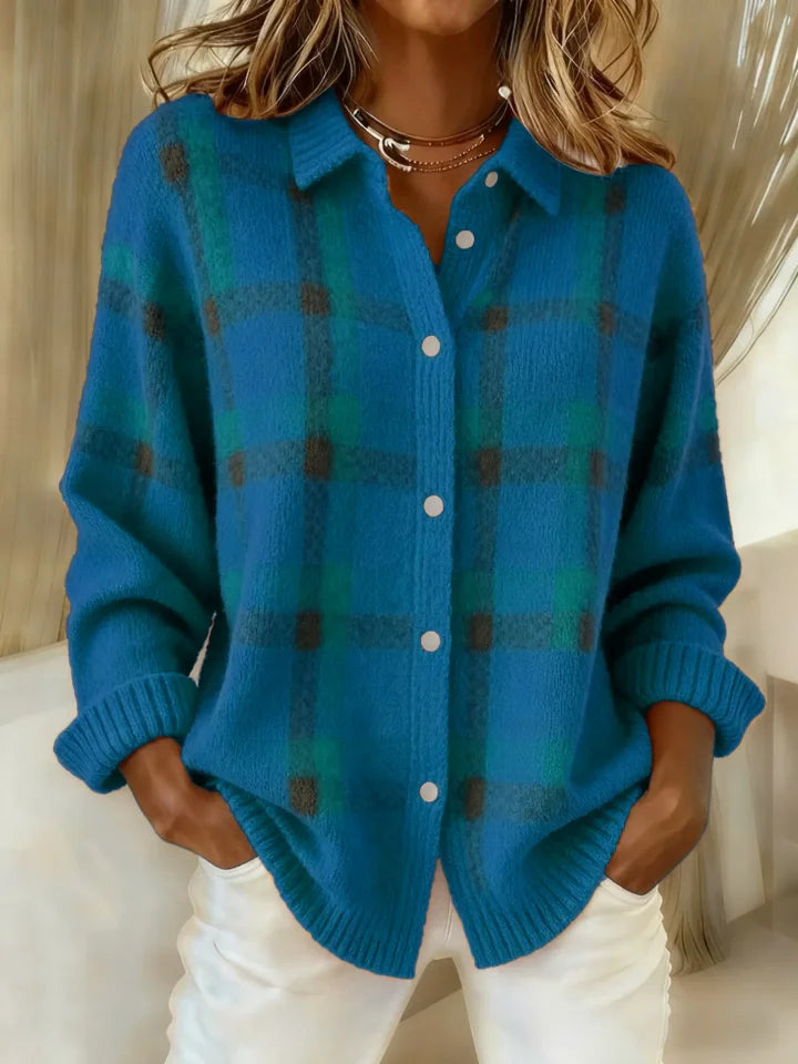SILVIA Suéter Retro de Cuadros con Contraste Casual