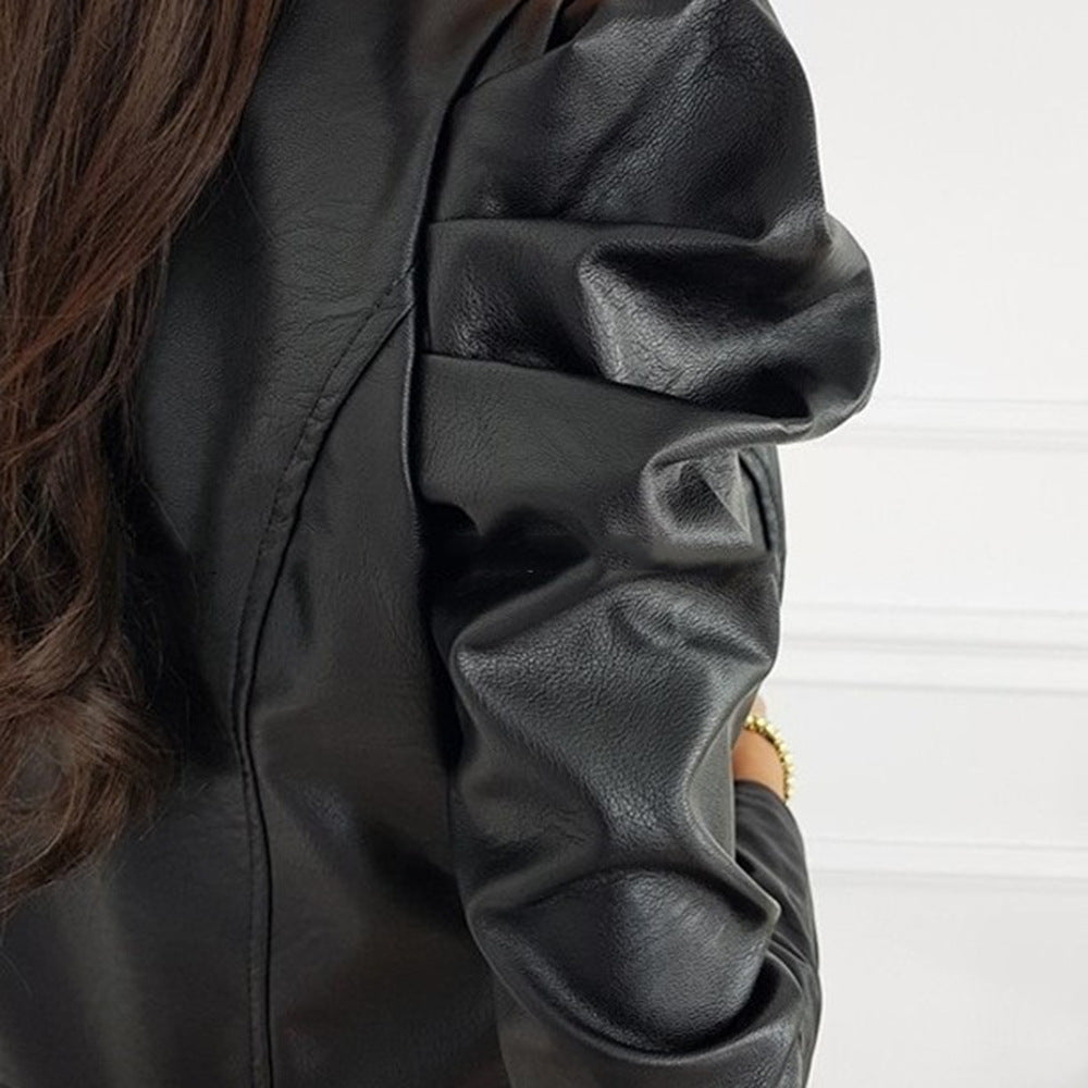 ANDREA/|Chaqueta De Cuero Negra Plisada Para Mujer