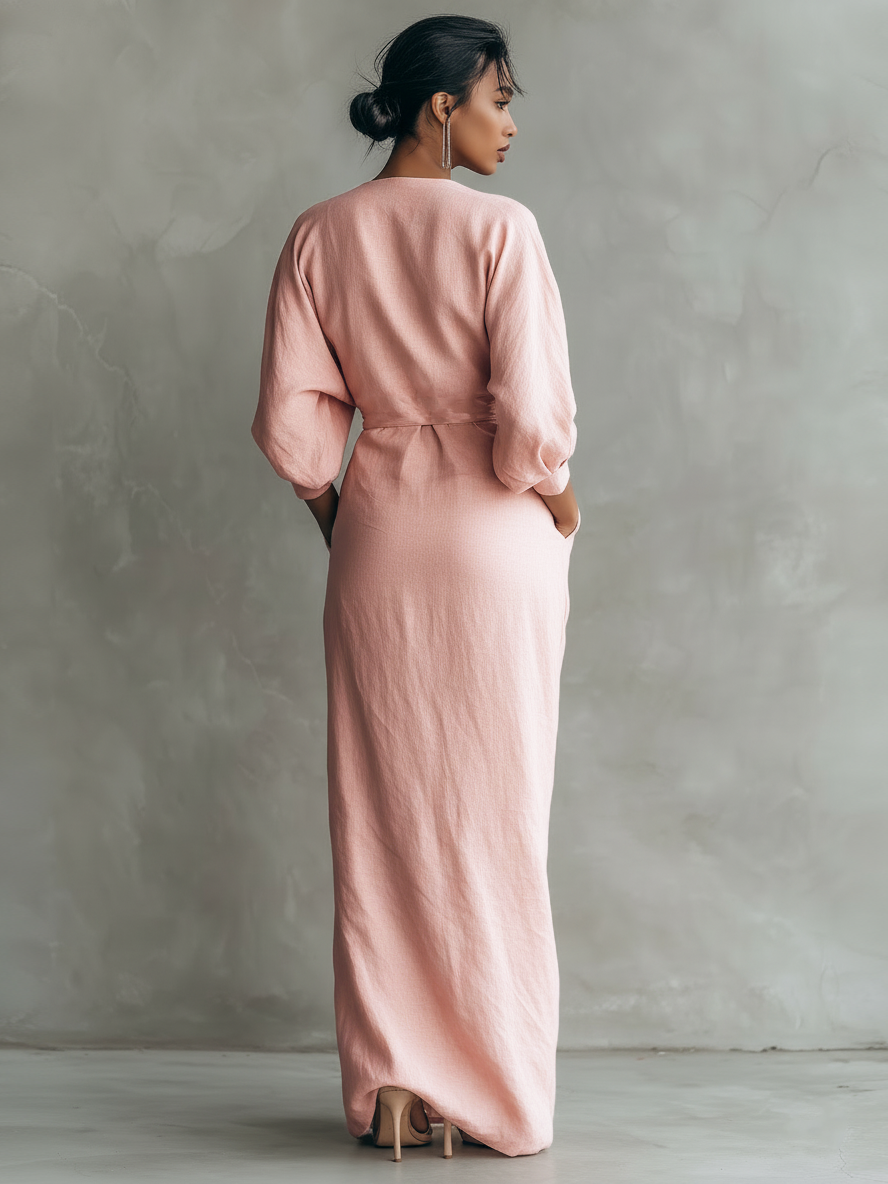 Vestido Lucia Minimalista rosa con escote en V de lino