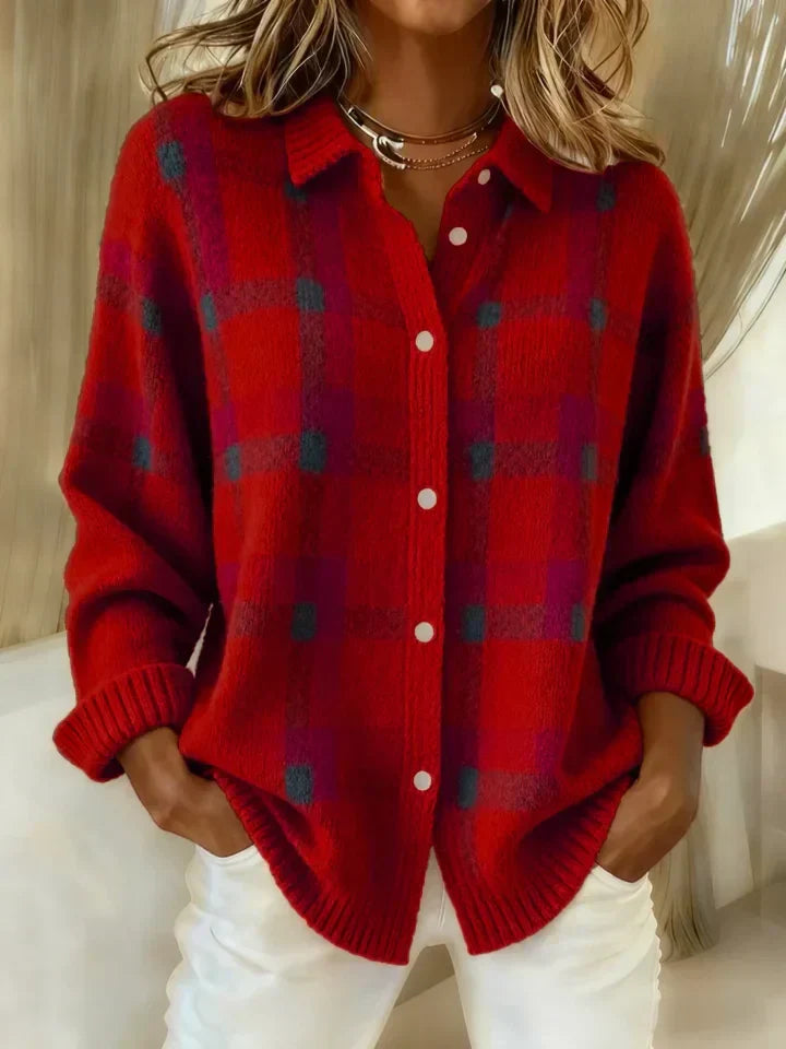 SILVIA Suéter Retro de Cuadros con Contraste Casual